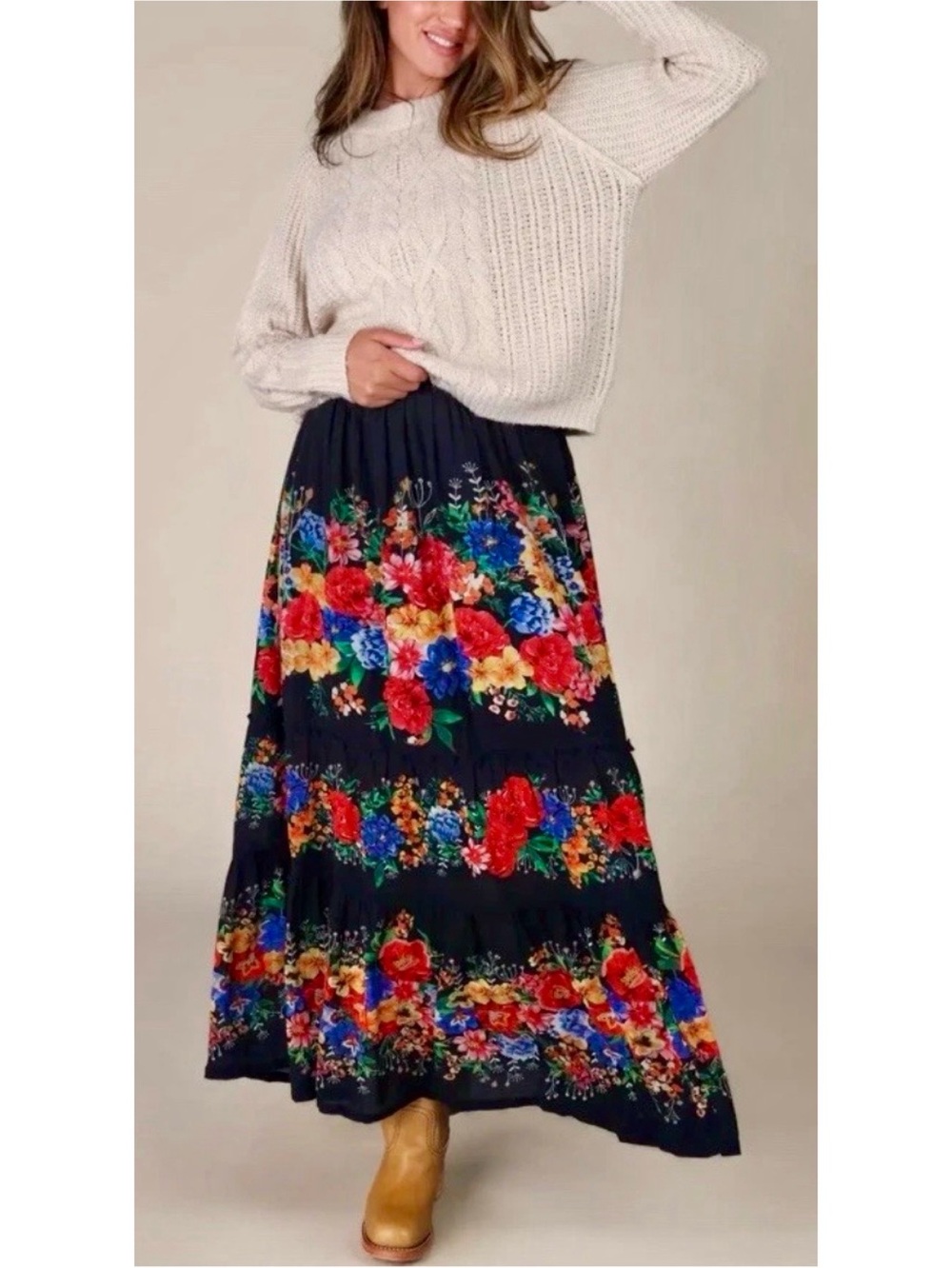 NATURAL LIFE Dark Floral Boho Tiered Maxi Skirt Small
